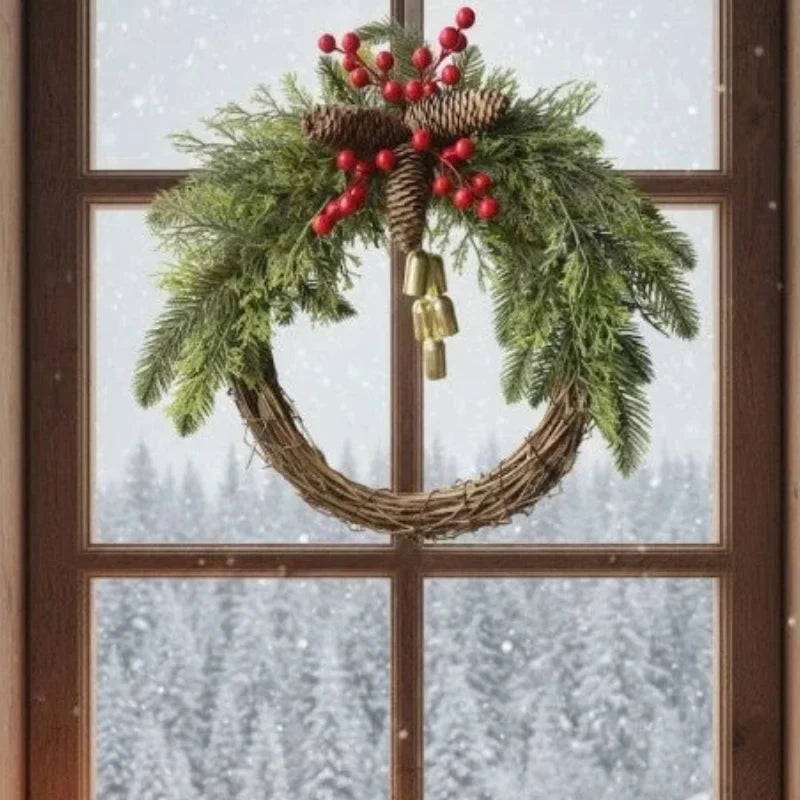 Christmas Wreath with Grapevine Base Pinecones Berries and Golden Bells - Image 4
