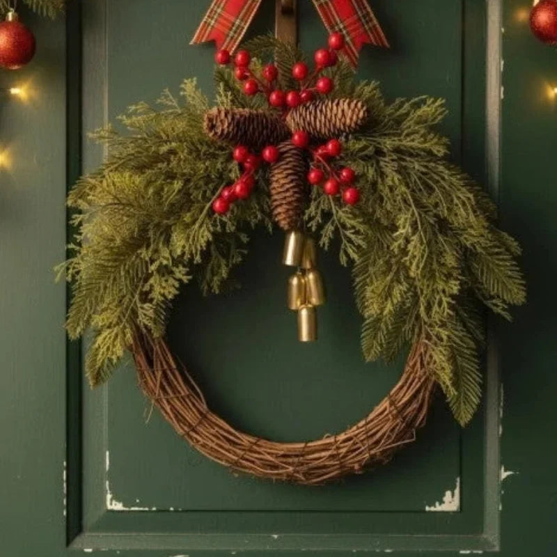 Christmas Wreath with Grapevine Base Pinecones Berries and Golden Bells - Image 5
