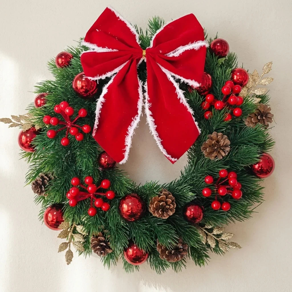 Christmas Wreath with Red Velvet Bow Ornaments and Pine Cones for Door or Wall Hanging - Image 1