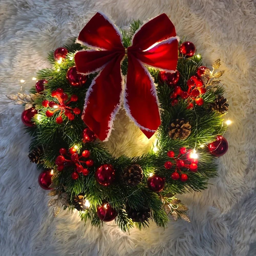 Christmas Wreath with Red Velvet Bow Ornaments and Pine Cones for Door or Wall Hanging - Image 3