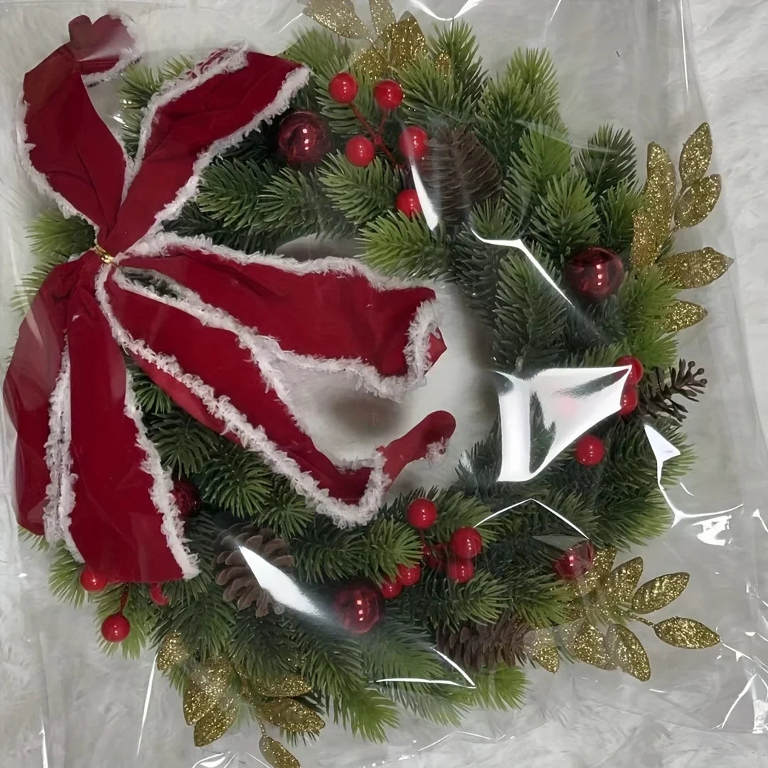 Christmas Wreath with Red Velvet Bow Ornaments and Pine Cones for Door or Wall Hanging - Image 5