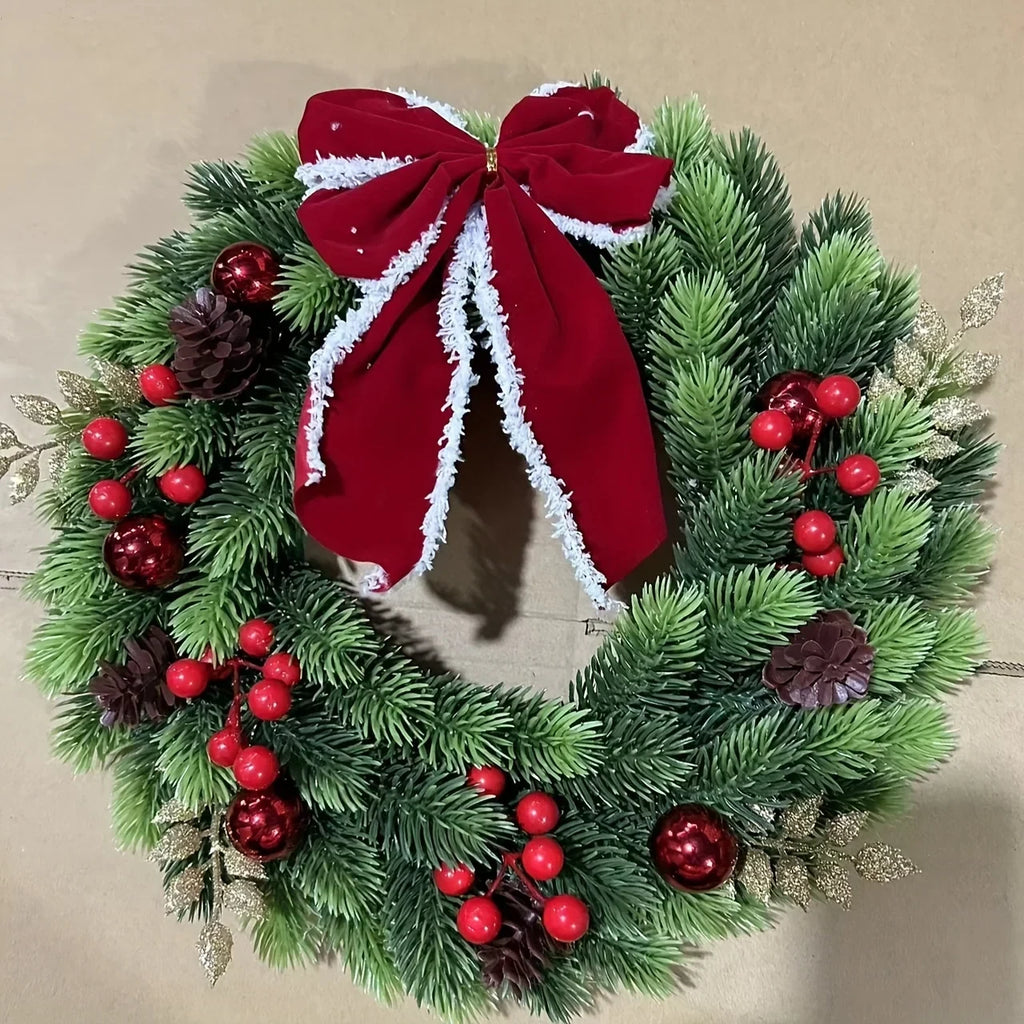 Christmas Wreath with Red Velvet Bow Ornaments and Pine Cones for Door or Wall Hanging - Image 6