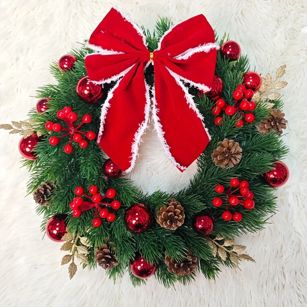 Christmas Wreath with Red Velvet Bow Ornaments and Pine Cones for Door or Wall Hanging - Image 7
