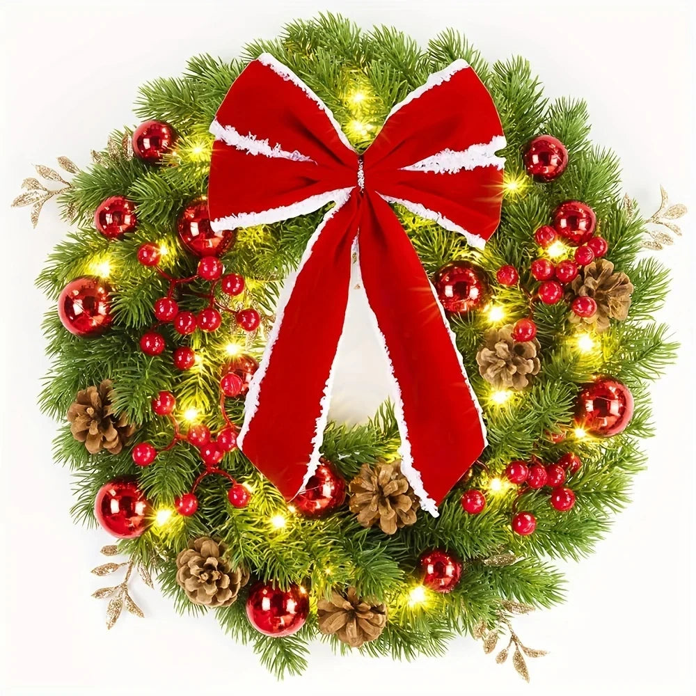Christmas Wreath with Red Velvet Bow Ornaments and Pine Cones for Door or Wall Hanging - Image 8
