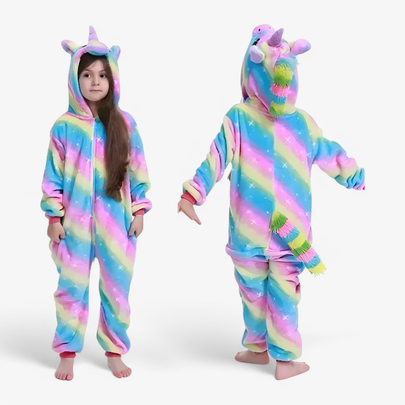 Combinaison douce multicolore en polaire de licorne pour enfants