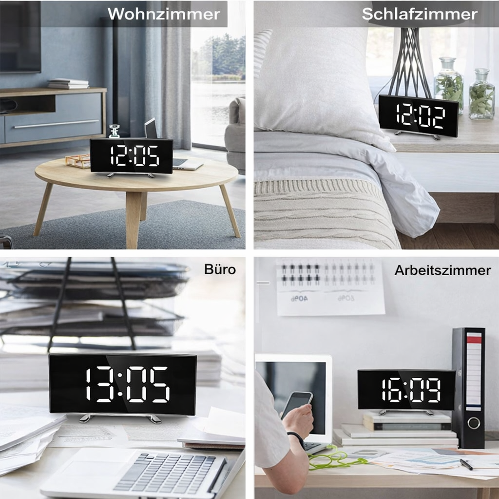 Digital Alarm Clock with Curved LED Mirror Display and Auto Dimming - Image 2