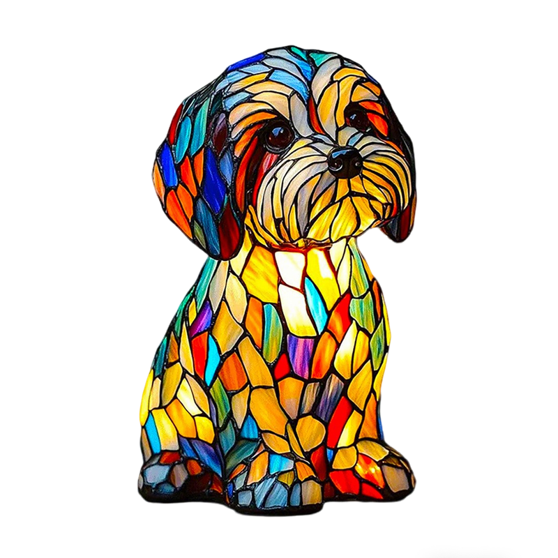 Dog Stained Glass Table Lamp with Mosaic Illuminated Design for Bedside and Desk - Image 1