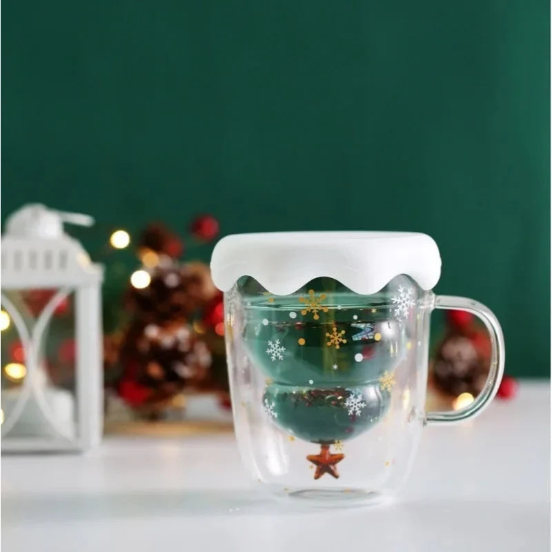 Double Wall Glass Mug with Christmas Tree Design and Lid 300ml - Image 2