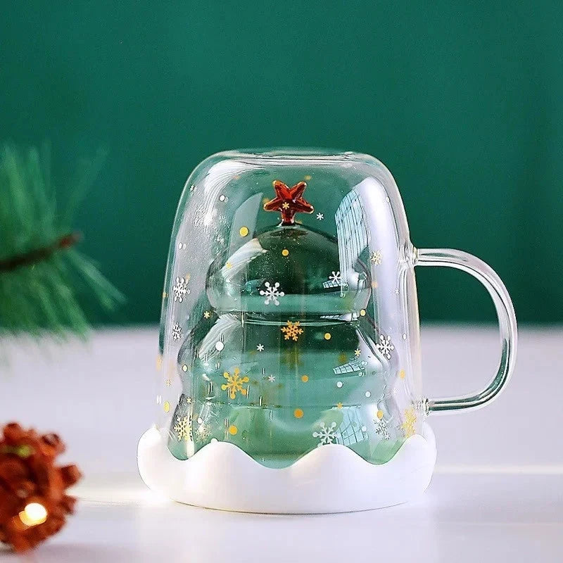 Double Wall Glass Mug with Christmas Tree Design and Lid 300ml - Image 3