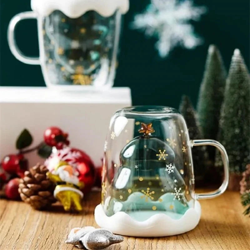 Double Wall Glass Mug with Christmas Tree Design and Lid 300ml - Image 4