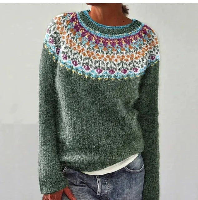 Pull islandais pour femme à motif nordique, coupe ample et col rond