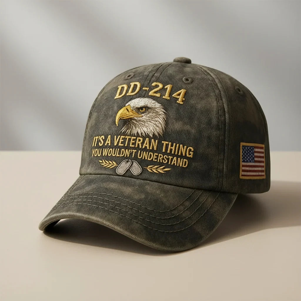 Embroidered Veteran Baseball Cap with Flag and Eagle Patch Vintage Washed - Image 1