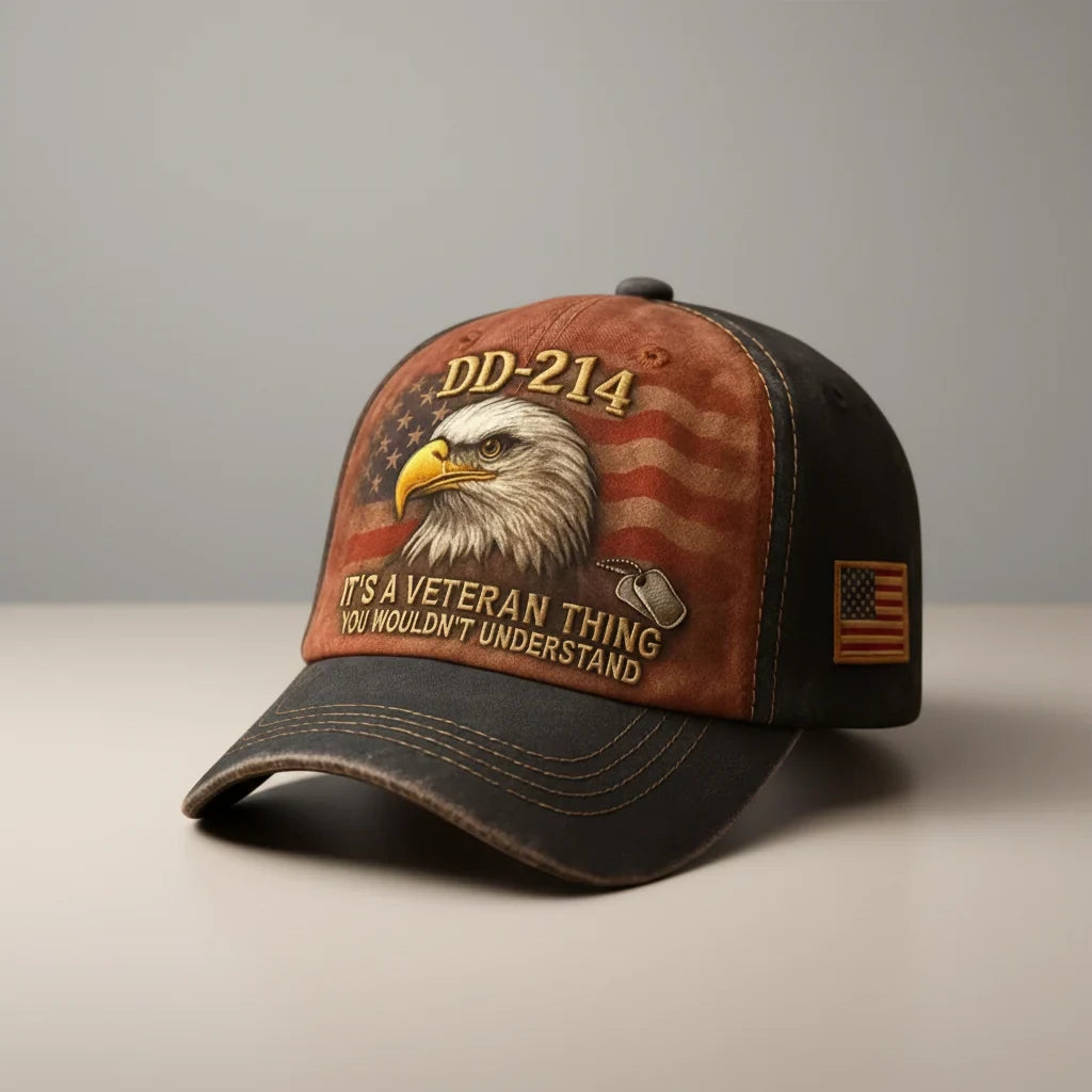 Embroidered Veteran Baseball Cap with Flag and Eagle Patch Vintage Washed - Image 2