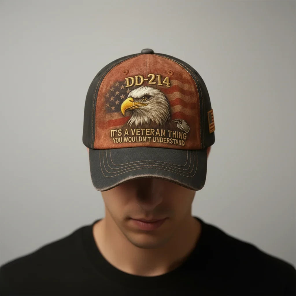 Embroidered Veteran Baseball Cap with Flag and Eagle Patch Vintage Washed - Image 3