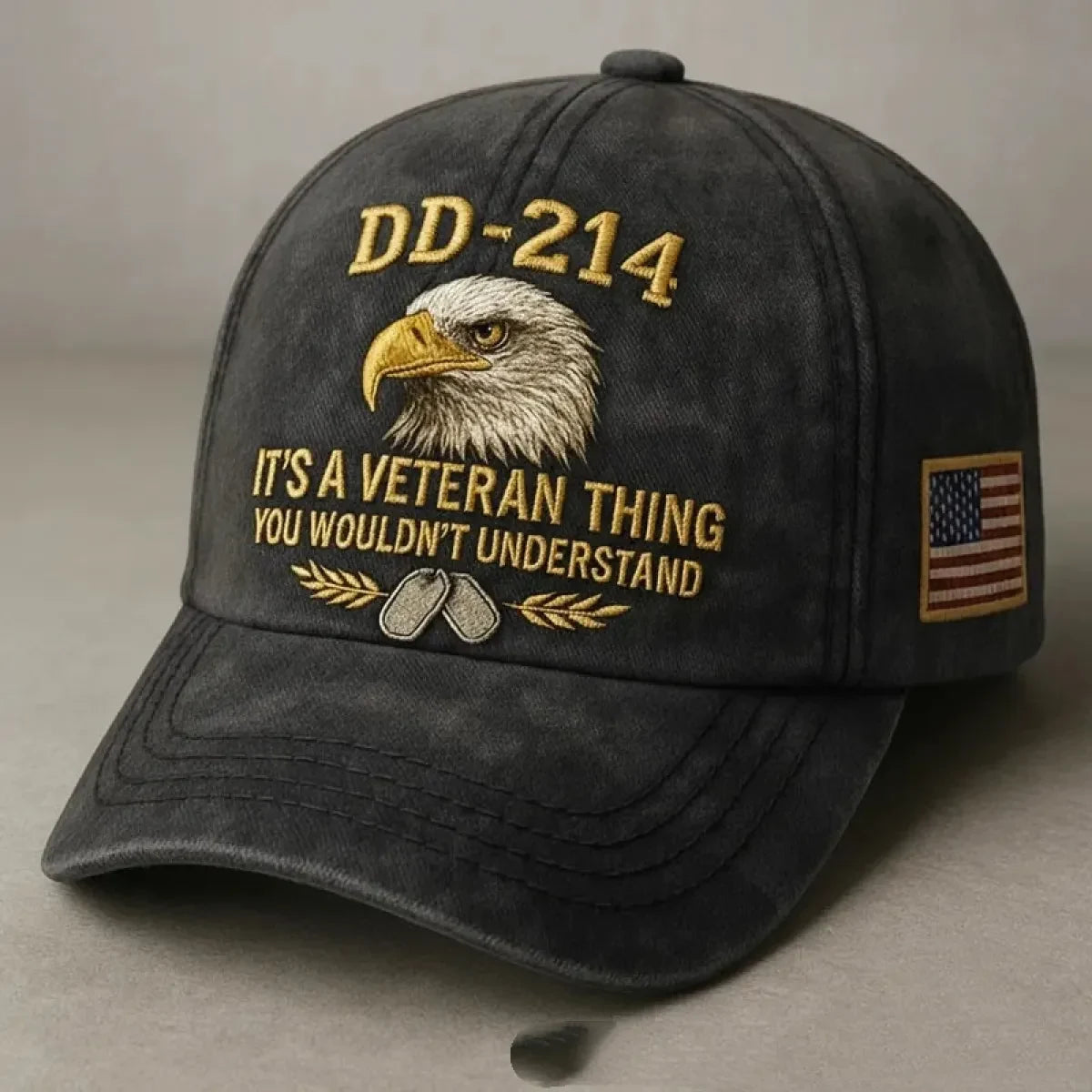 Embroidered Veteran Baseball Cap with Flag and Eagle Patch Vintage Washed - Image 5