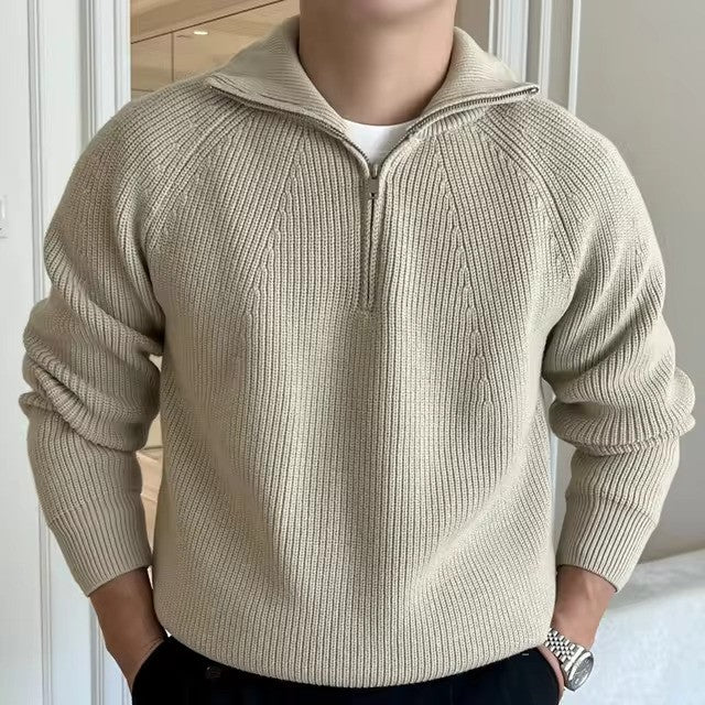 Herren-Rippstrickpullover mit halbem Reißverschluss, langen Ärmeln und lässigem Stil
