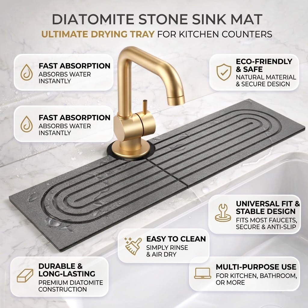 Faucet Splash Guard for Kitchen Sink with Absorbent Diatomaceous Earth Stone Mat - Image 3