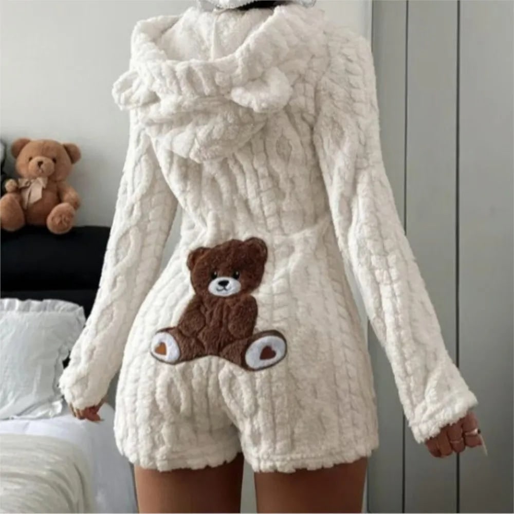 Fleece Romper with Long Sleeves Hooded Neckline and Teddy Bear Patch - Image 1