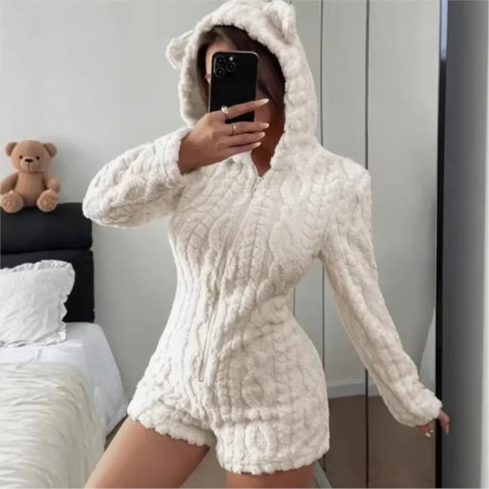 Fleece Romper with Long Sleeves Hooded Neckline and Teddy Bear Patch - Image 2