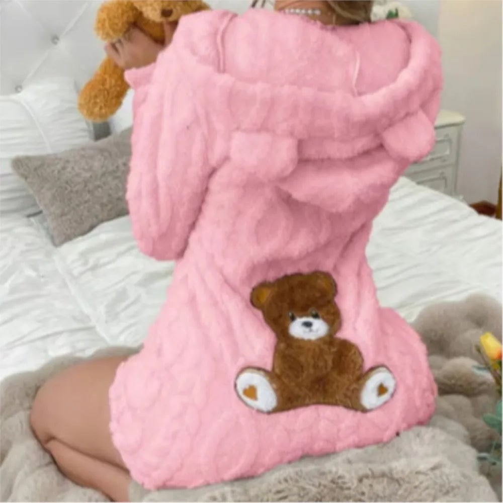 Fleece Romper with Long Sleeves Hooded Neckline and Teddy Bear Patch - Image 3