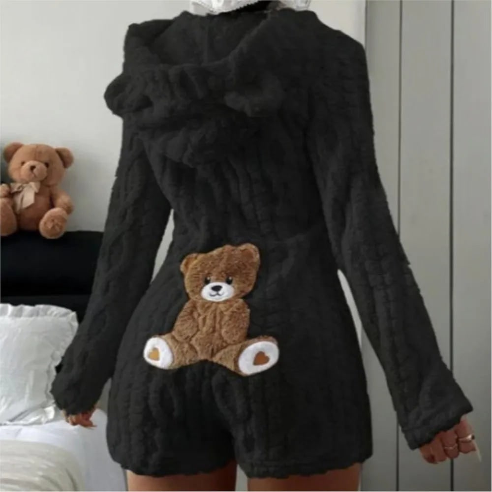 Fleece Romper with Long Sleeves Hooded Neckline and Teddy Bear Patch - Image 4