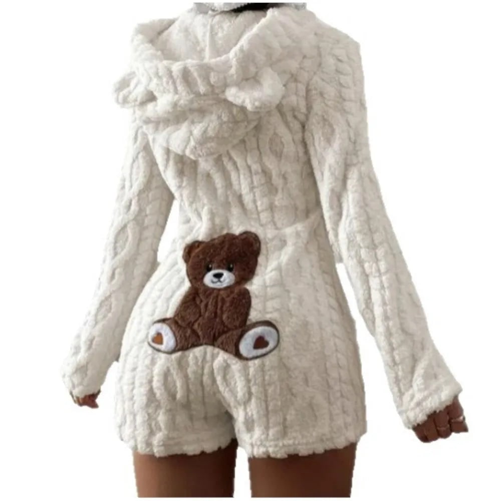 Fleece Romper with Long Sleeves Hooded Neckline and Teddy Bear Patch - Image 5