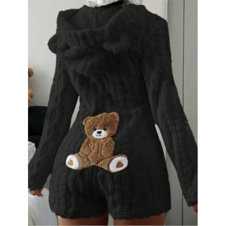 Fleece Romper with Long Sleeves Hooded Neckline and Teddy Bear Patch - Image 6