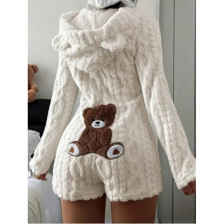 Fleece Romper with Long Sleeves Hooded Neckline and Teddy Bear Patch - Image 7