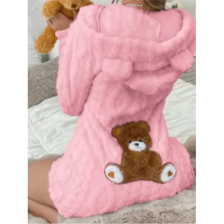 Fleece Romper with Long Sleeves Hooded Neckline and Teddy Bear Patch - Image 8