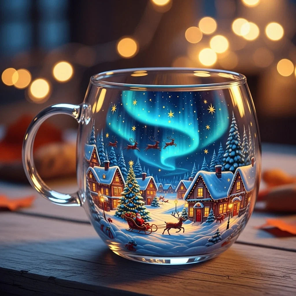 Glass Mug with Festive Holiday Illustrations and C-Shaped Handle 8 Oz - Image 1