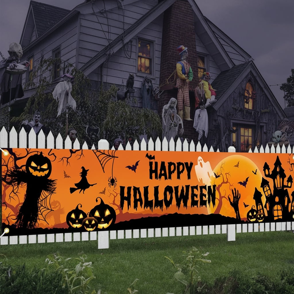 Halloween Baner Dekoracyjny Dynia Duch Zamek z Metalowymi Oczkami - Image 1