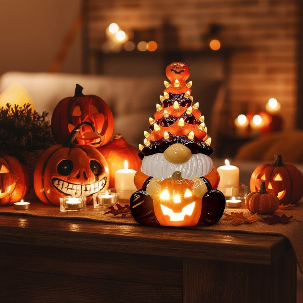 Halloween Ceramiczna Figurka Skrzata z Podświetleniem LED i Dynią Jack-O-Lantern - Image 1