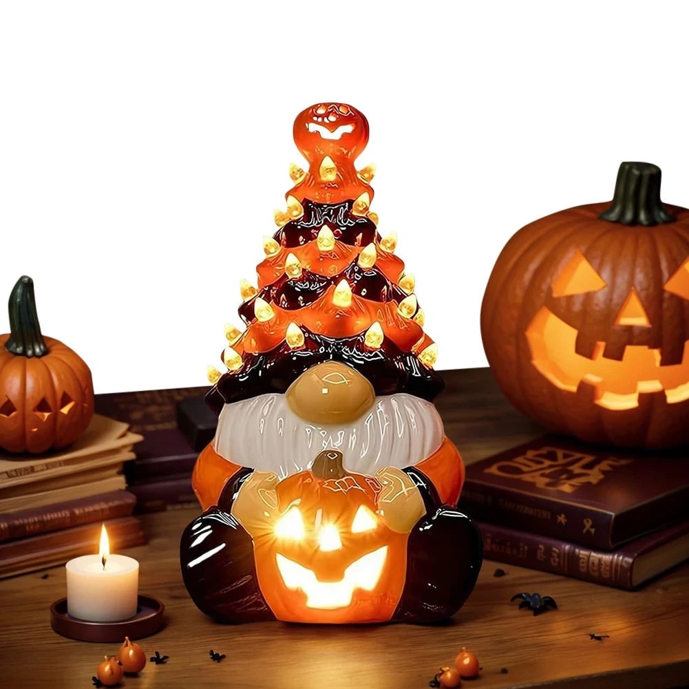 Halloween Ceramiczna Figurka Skrzata z Podświetleniem LED i Dynią Jack-O-Lantern - Image 2