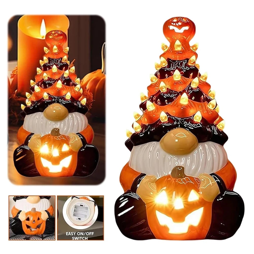Halloween Ceramiczna Figurka Skrzata z Podświetleniem LED i Dynią Jack-O-Lantern - Image 4