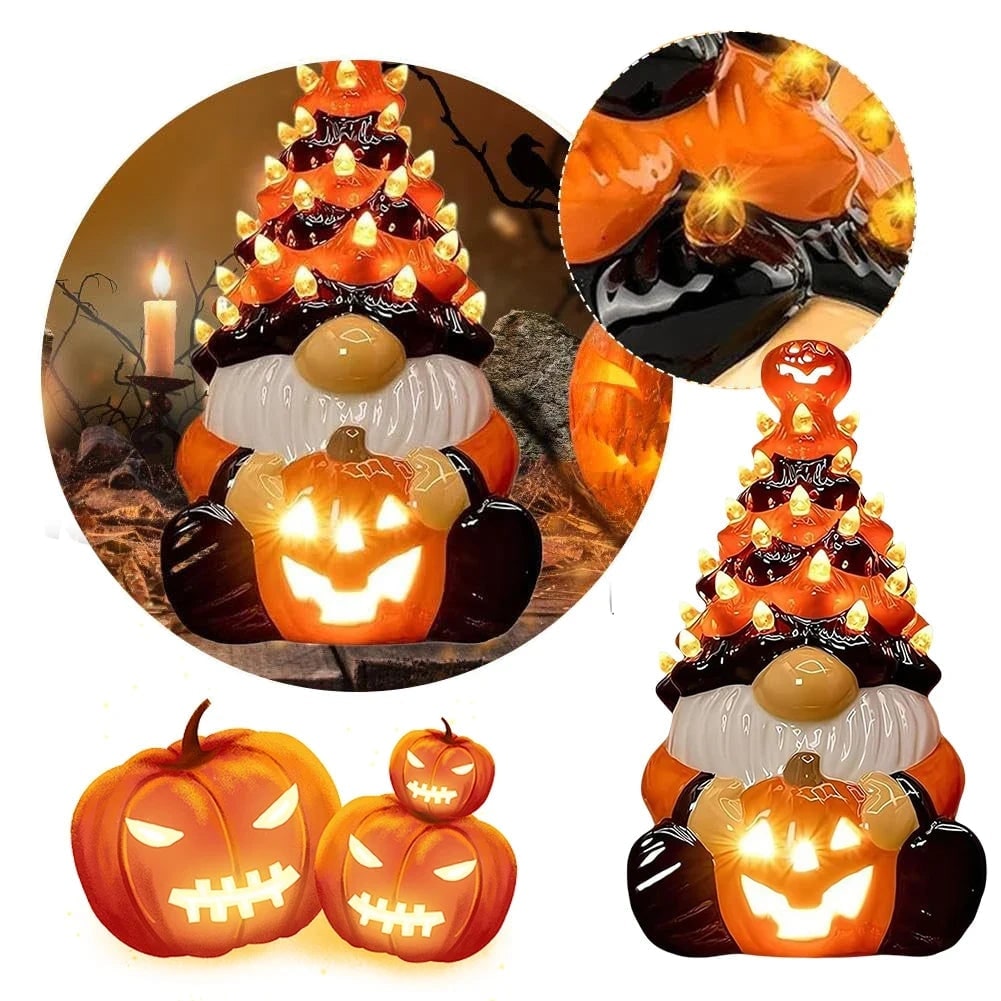 Halloween Ceramiczna Figurka Skrzata z Podświetleniem LED i Dynią Jack-O-Lantern - Image 5