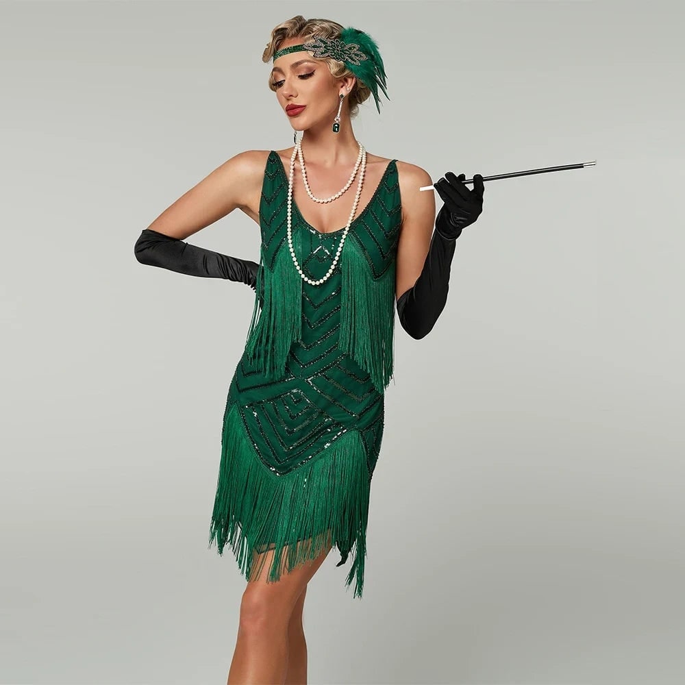 Halloween Damska Sukienka Lata 20 z Frędzlami i Cekinami Strój Flapper na Imprezę - Image 1
