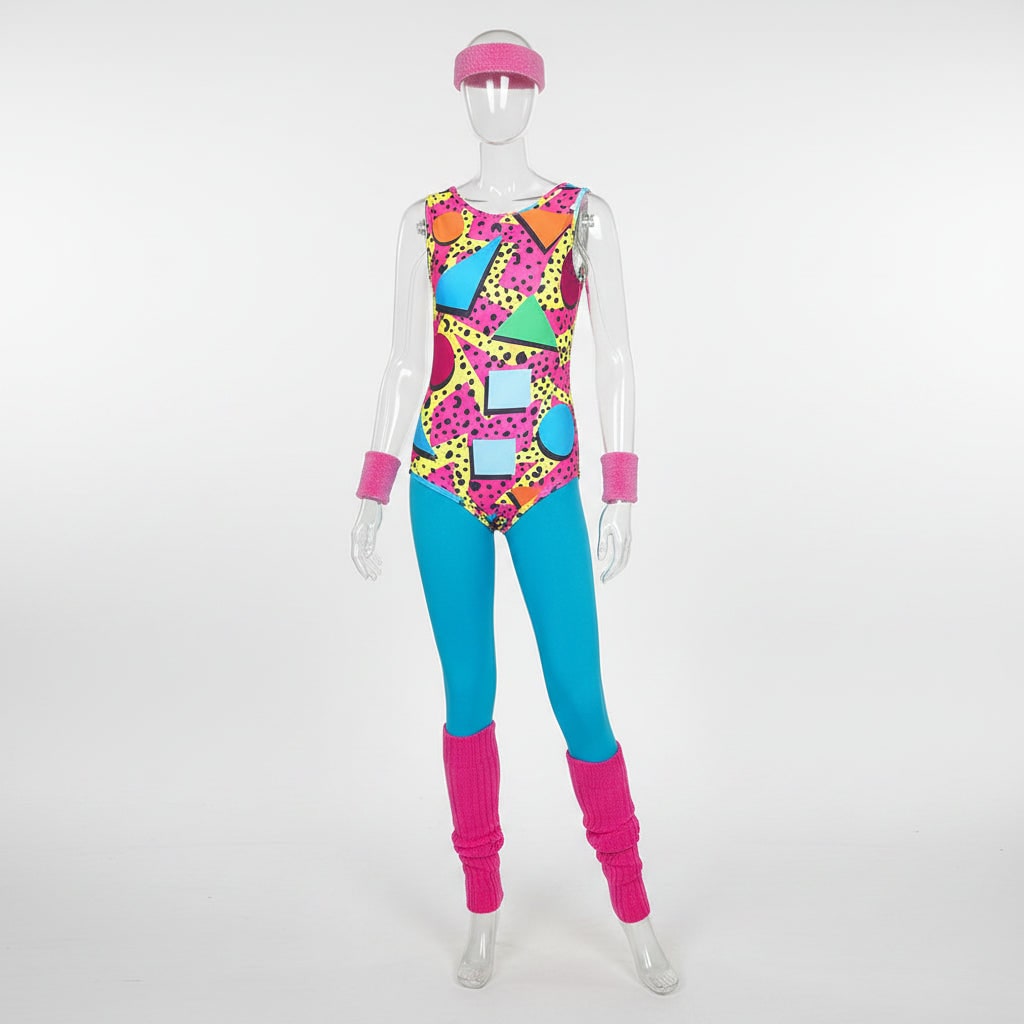 Halloween Damski Strój Lata 80 z Lat Kostium Fitness Neonowy Body Dodatkami Retro - Image 12