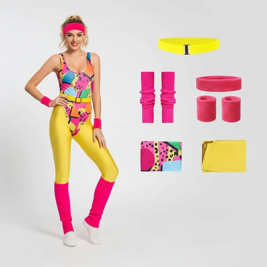 Halloween Damski Strój Lata 80 z Lat Kostium Fitness Neonowy Body Dodatkami Retro - Image 6