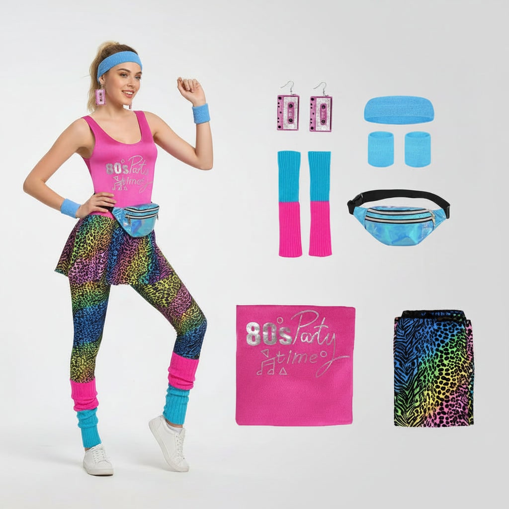 Halloween Damski Strój Lata 80 z Lat Kostium Fitness Neonowy Body Dodatkami Retro - Image 8