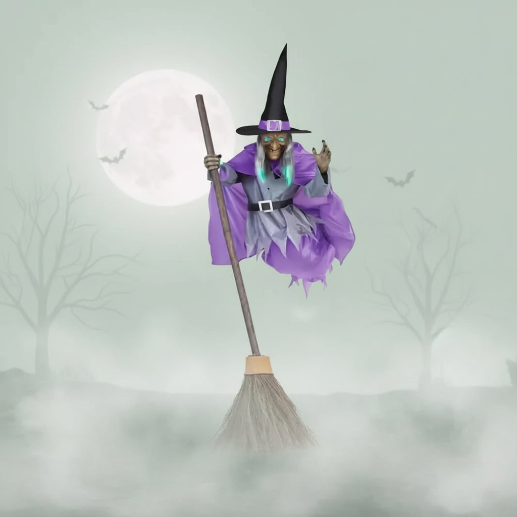 Halloween Dekoracja Czarownica na Miotle z Podświetleniem LED i Metalowym Stojakiem - Image 1