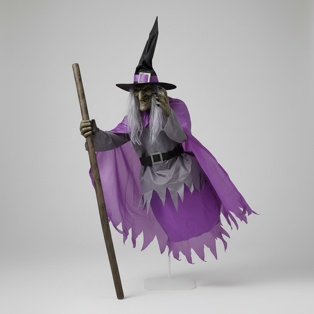 Halloween Dekoracja Czarownica na Miotle z Podświetleniem LED i Metalowym Stojakiem - Image 2
