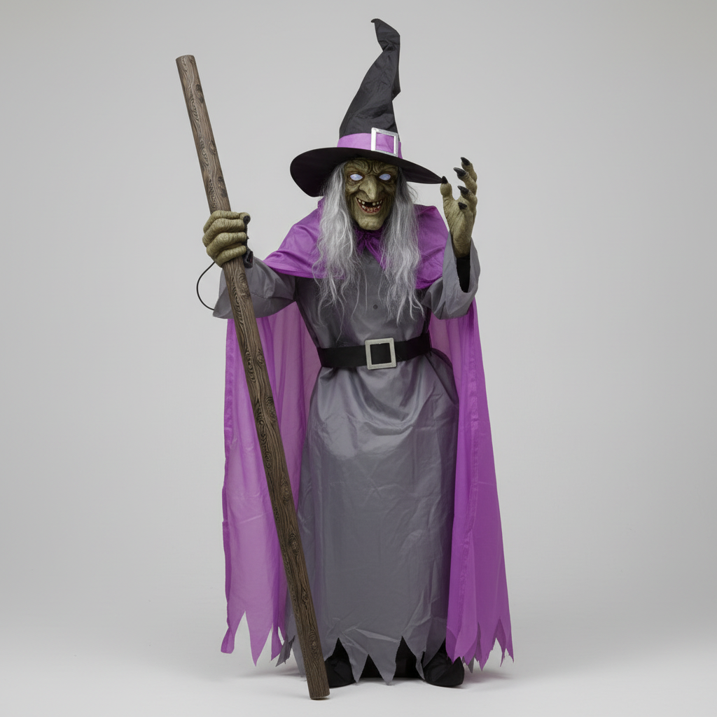 Halloween Dekoracja Czarownica na Miotle z Podświetleniem LED i Metalowym Stojakiem - Image 4