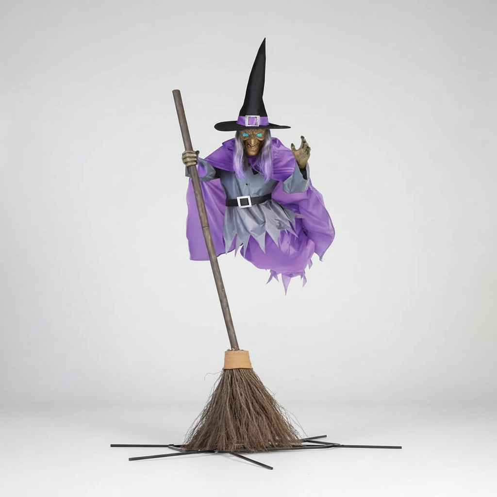 Halloween Dekoracja Czarownica na Miotle z Podświetleniem LED i Metalowym Stojakiem - Image 5