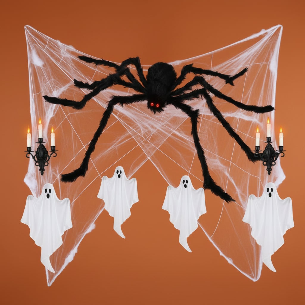 Halloween Dekoracja Gigantyczny Pająk Włochaty ze świecącymi Oczami i Pajęczyną Na - Image 2