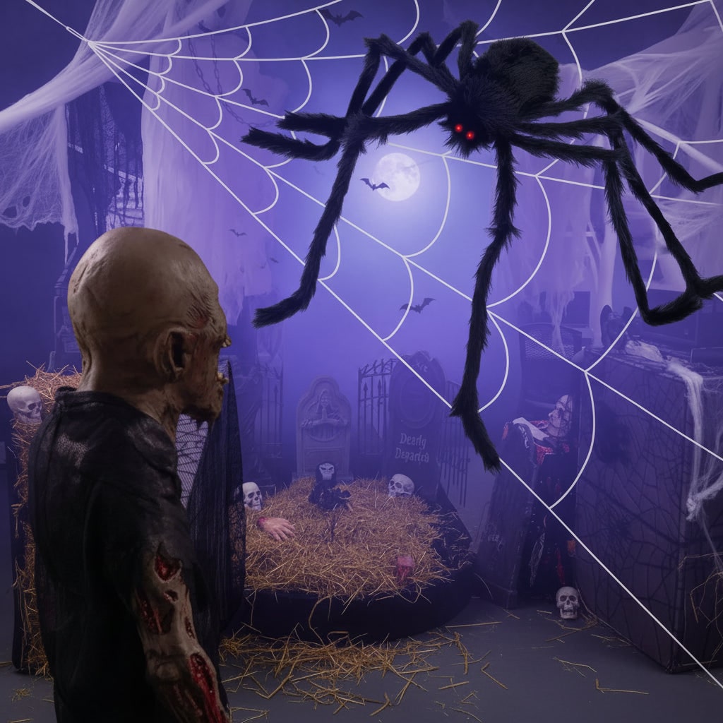 Halloween Dekoracja Gigantyczny Pająk Włochaty ze świecącymi Oczami i Pajęczyną Na - Image 4