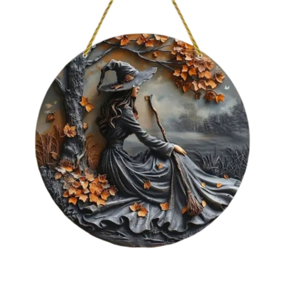 Halloween Dekoracja na Drzwi Wisząca Tabliczka z Czarownicą i Liśćmi Dekoracje Domu - Image 3