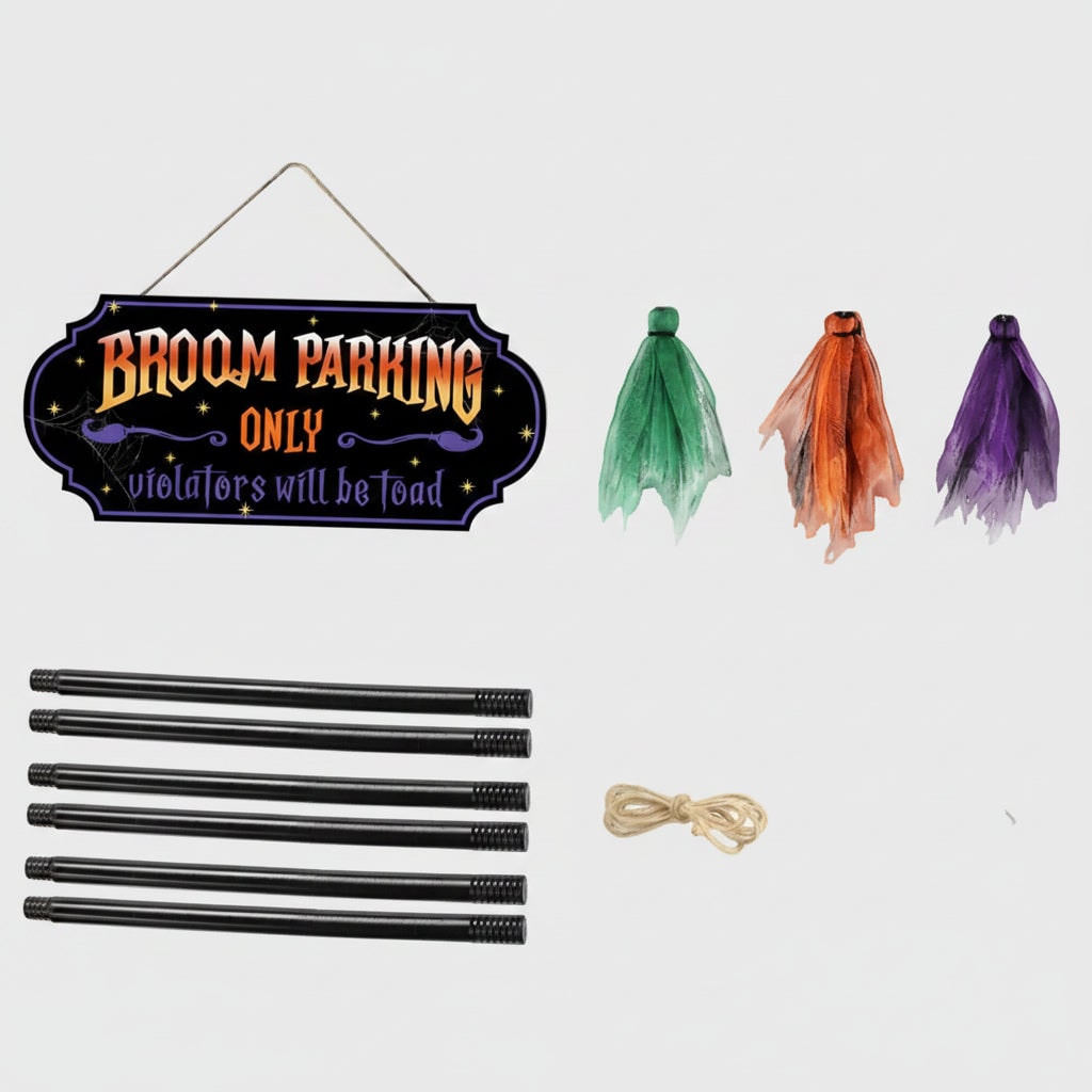 Halloween Dekoracja Wisząca z Tabliczką i Tiulowyymi Miotłami do Ogrodu - Image 1