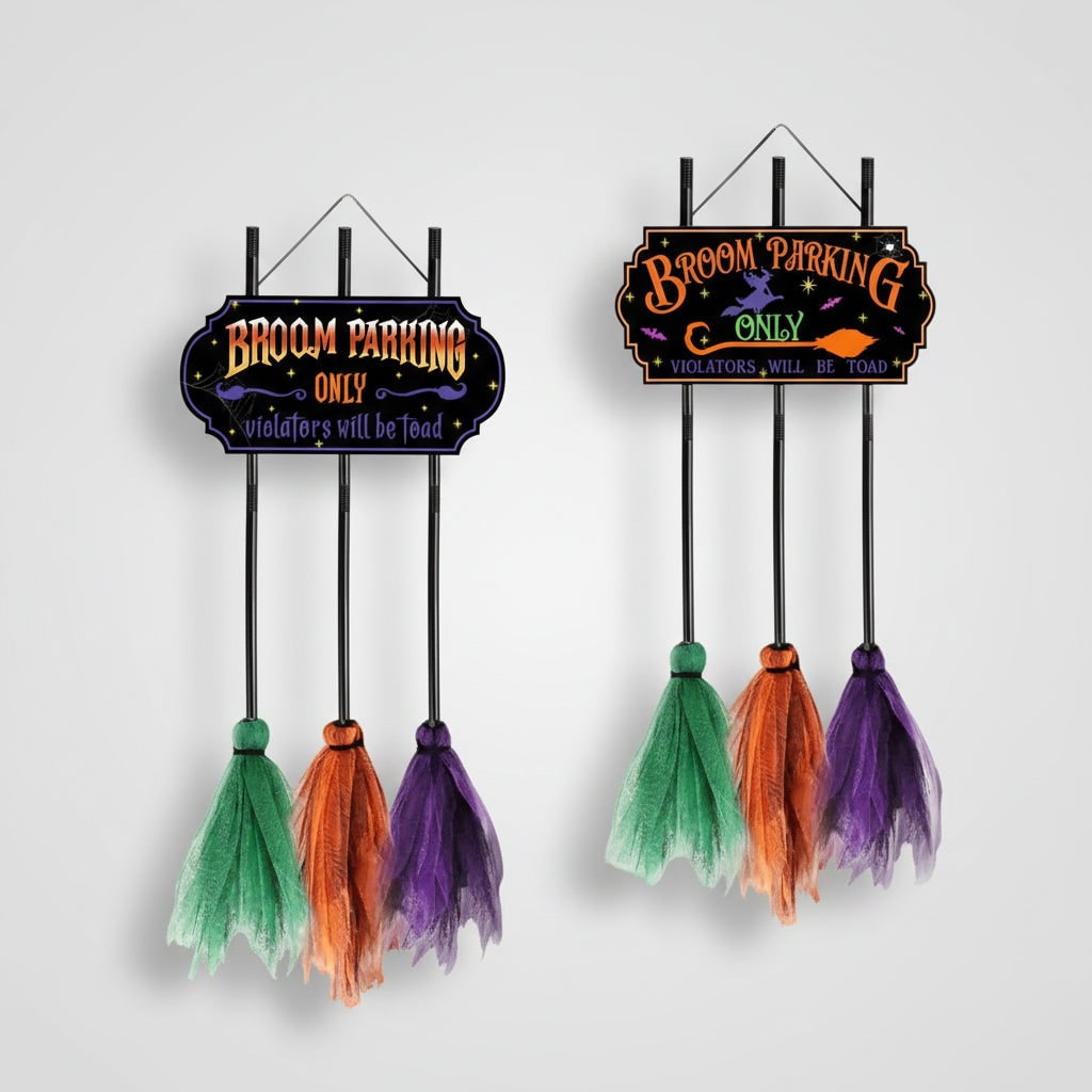 Halloween Dekoracja Wisząca z Tabliczką i Tiulowyymi Miotłami do Ogrodu - Image 5