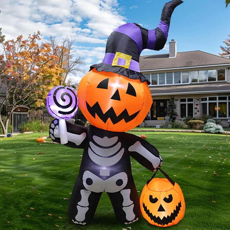 Halloween Dmuchana Dekoracja Ogrodowa z Podświetleniem LED Motywem Dyni i Szkieletu - Image 1