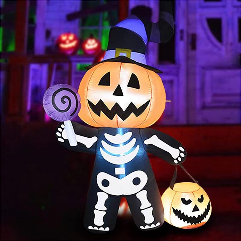 Halloween Dmuchana Dekoracja Ogrodowa z Podświetleniem LED Motywem Dyni i Szkieletu - Image 2